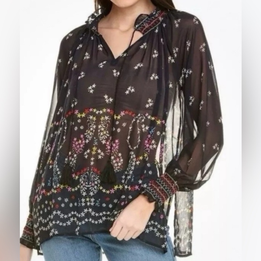 CAbi Sheer‎ Navy Floral Blouse with Multicolor Accents Style 5784
